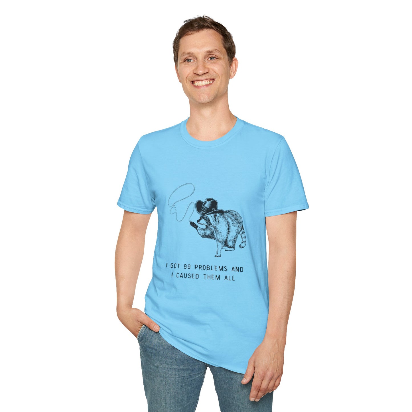 Funny Raccoon Unisex Softstyle T-Shirt - "I Got 99 Problems and I Caused Them All"
