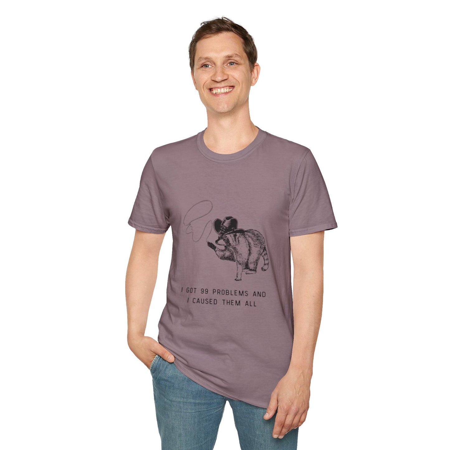 Funny Raccoon Unisex Softstyle T-Shirt - "I Got 99 Problems and I Caused Them All"