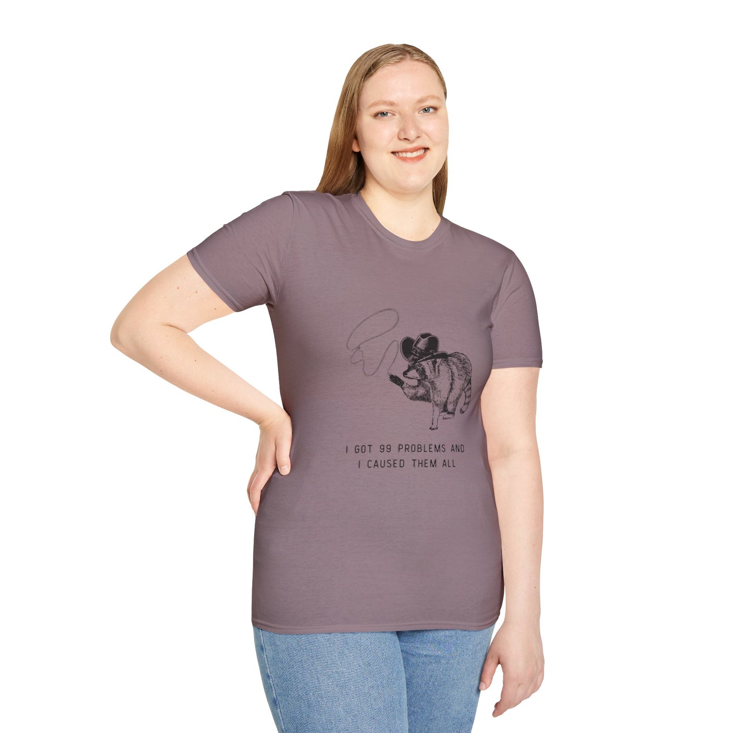 Funny Raccoon Unisex Softstyle T-Shirt - "I Got 99 Problems and I Caused Them All"