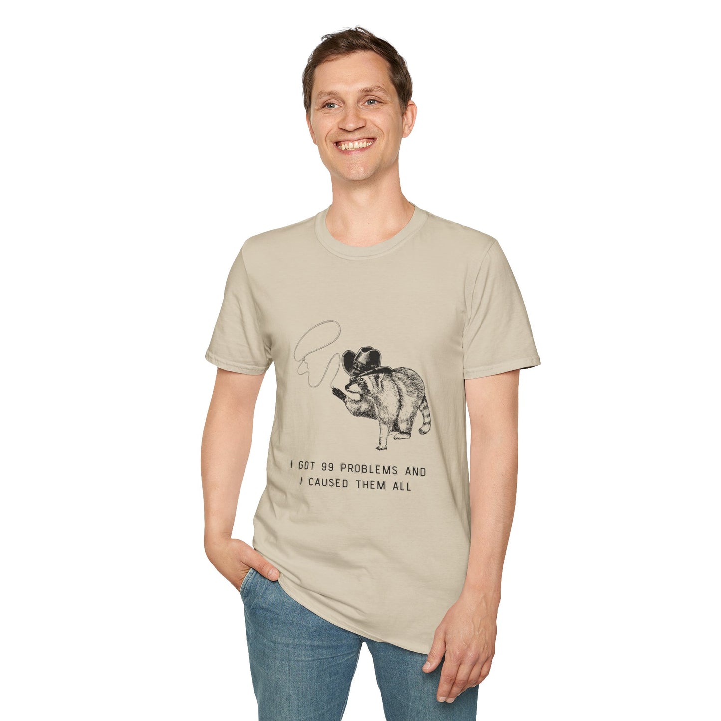 Funny Raccoon Unisex Softstyle T-Shirt - "I Got 99 Problems and I Caused Them All"