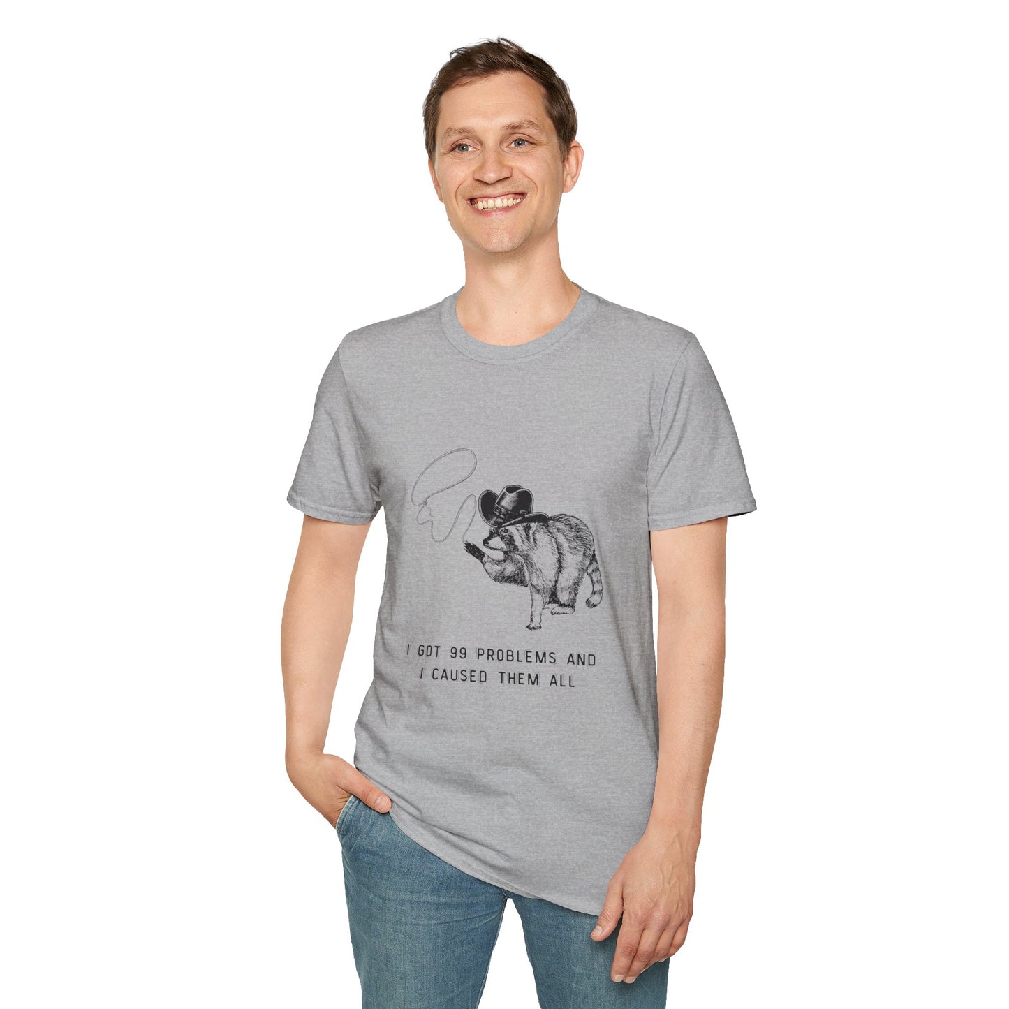 Funny Raccoon Unisex Softstyle T-Shirt - "I Got 99 Problems and I Caused Them All"