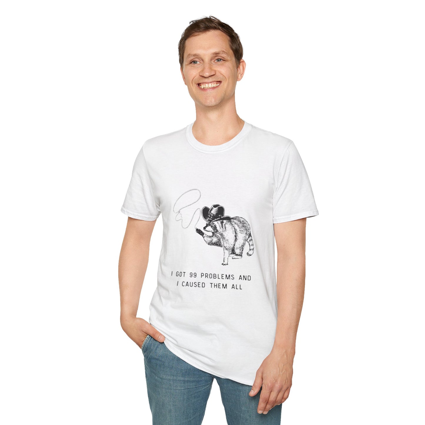 Funny Raccoon Unisex Softstyle T-Shirt - "I Got 99 Problems and I Caused Them All"