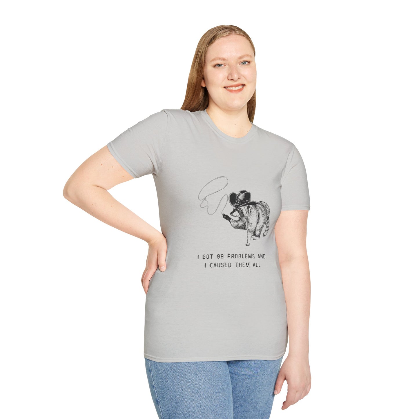Funny Raccoon Unisex Softstyle T-Shirt - "I Got 99 Problems and I Caused Them All"