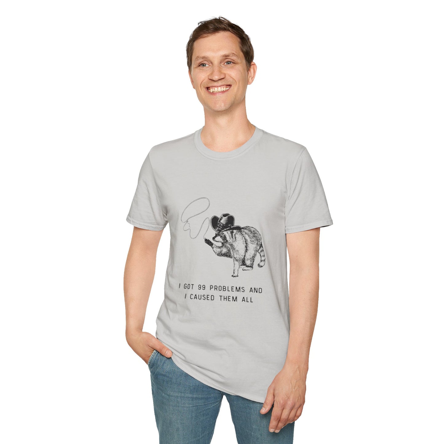 Funny Raccoon Unisex Softstyle T-Shirt - "I Got 99 Problems and I Caused Them All"