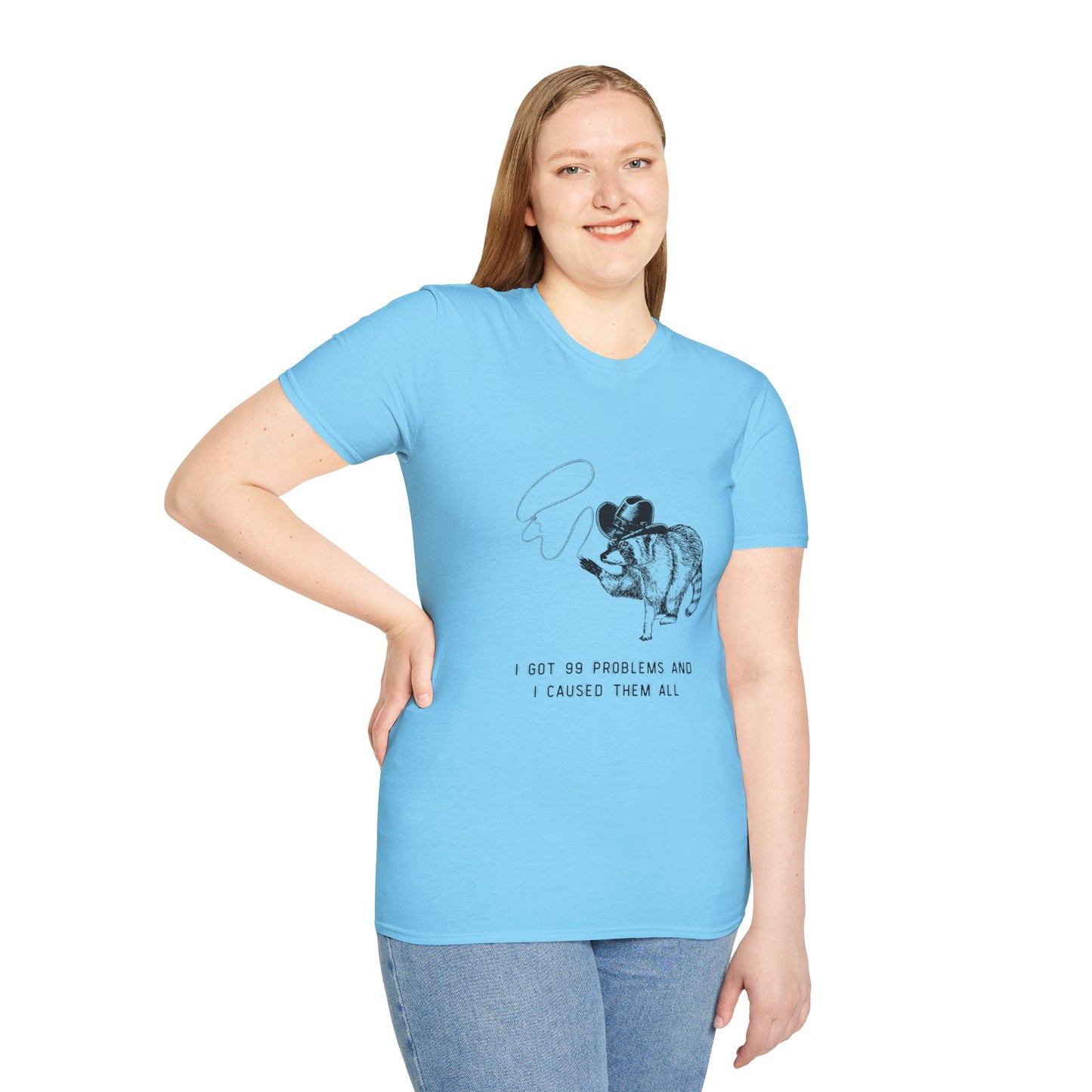 Funny Raccoon Unisex Softstyle T-Shirt - "I Got 99 Problems and I Caused Them All"