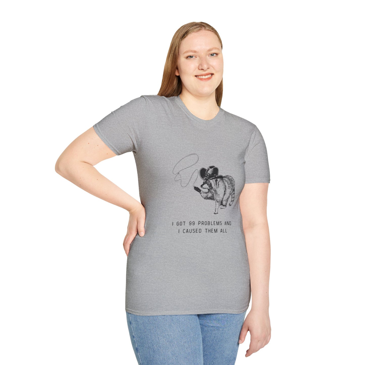 Funny Raccoon Unisex Softstyle T-Shirt - "I Got 99 Problems and I Caused Them All"