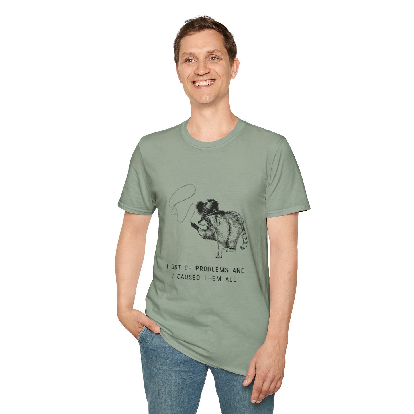 Funny Raccoon Unisex Softstyle T-Shirt - "I Got 99 Problems and I Caused Them All"