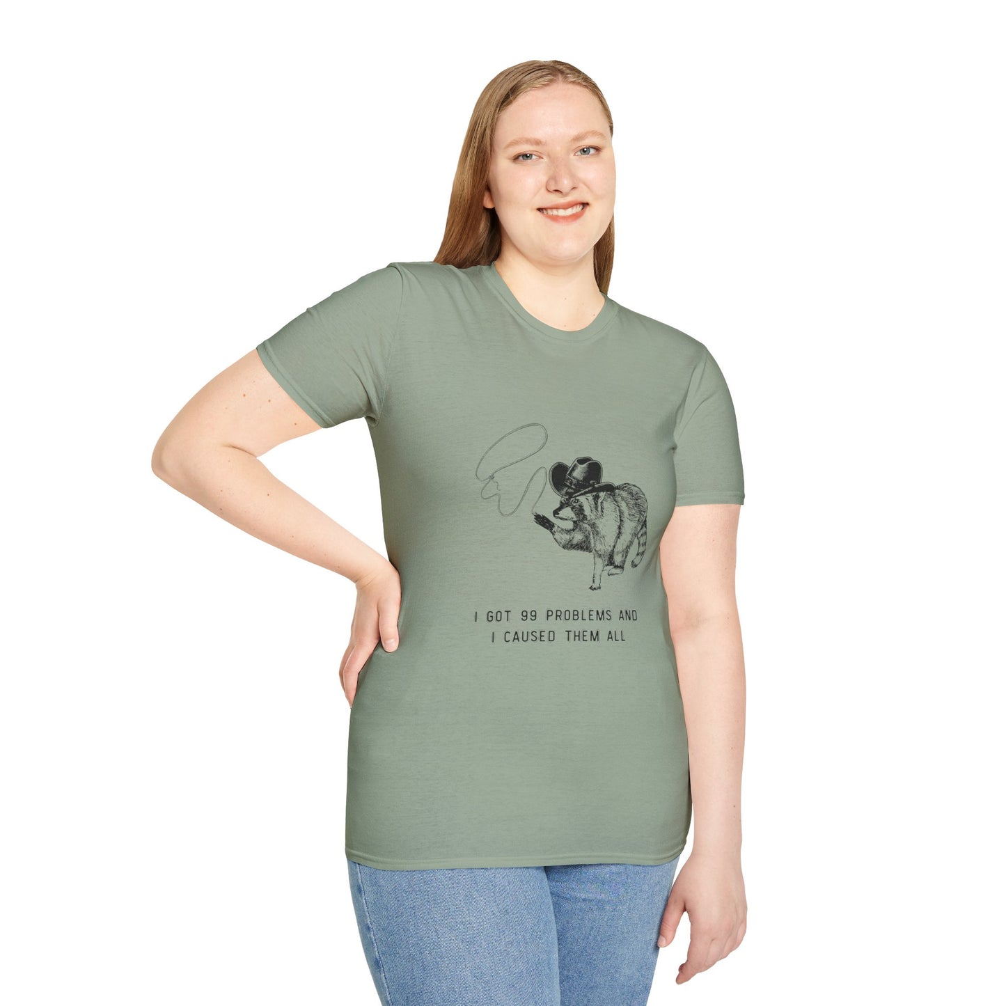 Funny Raccoon Unisex Softstyle T-Shirt - "I Got 99 Problems and I Caused Them All"